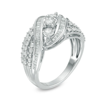 1.00 CT. T.W. Baguette and Round Diamond Three Stone Multi-Row Bypass Ring in Sterling Silver