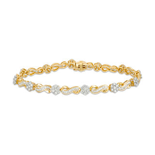 3.00 CT. T.W. Baguette and Round Diamond Alternating Flower and Infinity Bracelet in 10K Gold - 7.5"