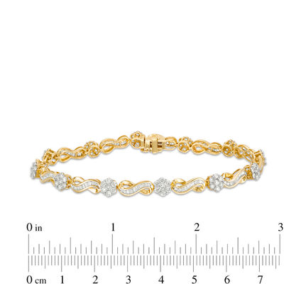 3.00 CT. T.W. Baguette and Round Diamond Alternating Flower and Infinity Bracelet in 10K Gold - 7.5"