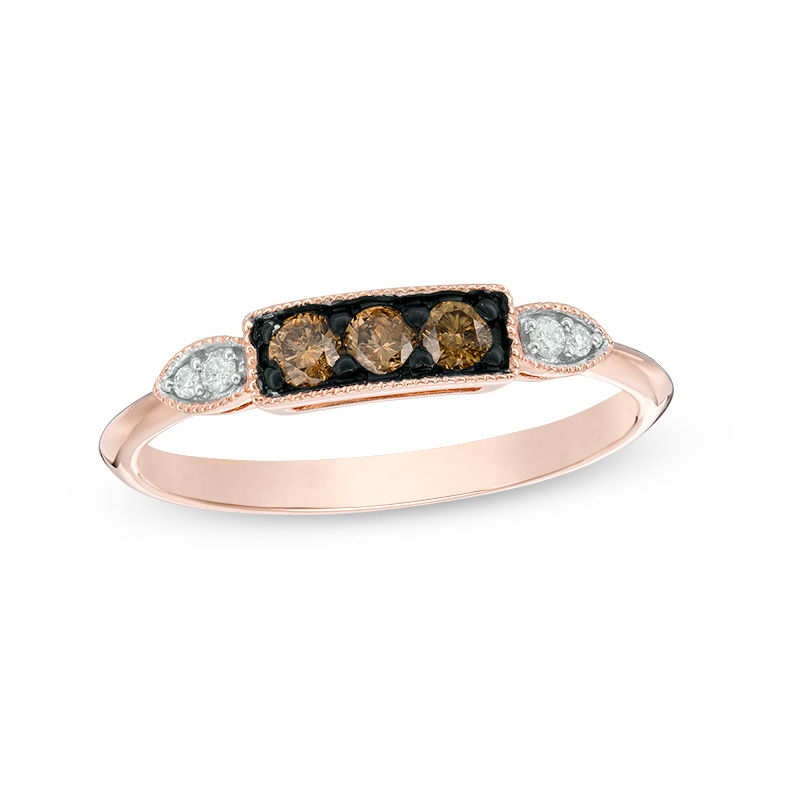 0.24 CT. T.W. Champagne and White Diamond Three Stone Vintage-Style Ring in 10K Rose Gold|Peoples Jewellers