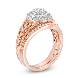 Perfect Fit 0.37 CT. T.W. Composite Diamond Double Frame Heart-Shank Interlocking Bridal Set in 10K Rose Gold