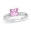 6.0mm Princess-Cut Lab-Created Pink Sapphire and 0.18 CT. T.W. Diamond Bridal Set in Sterling Silver