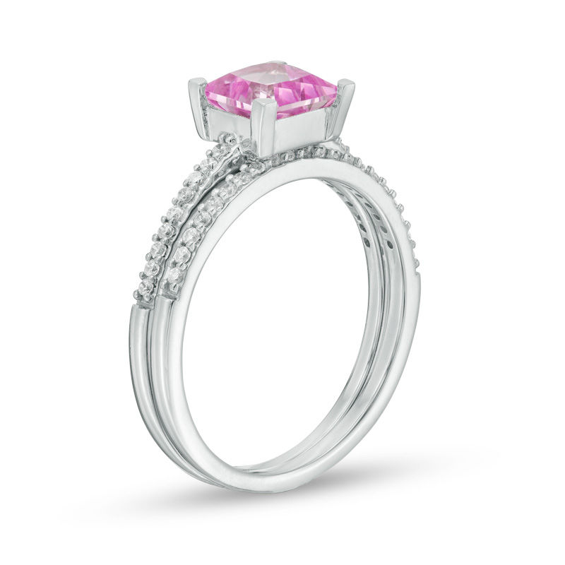 6.0mm Princess-Cut Lab-Created Pink Sapphire and 0.18 CT. T.W. Diamond Bridal Set in Sterling Silver|Peoples Jewellers