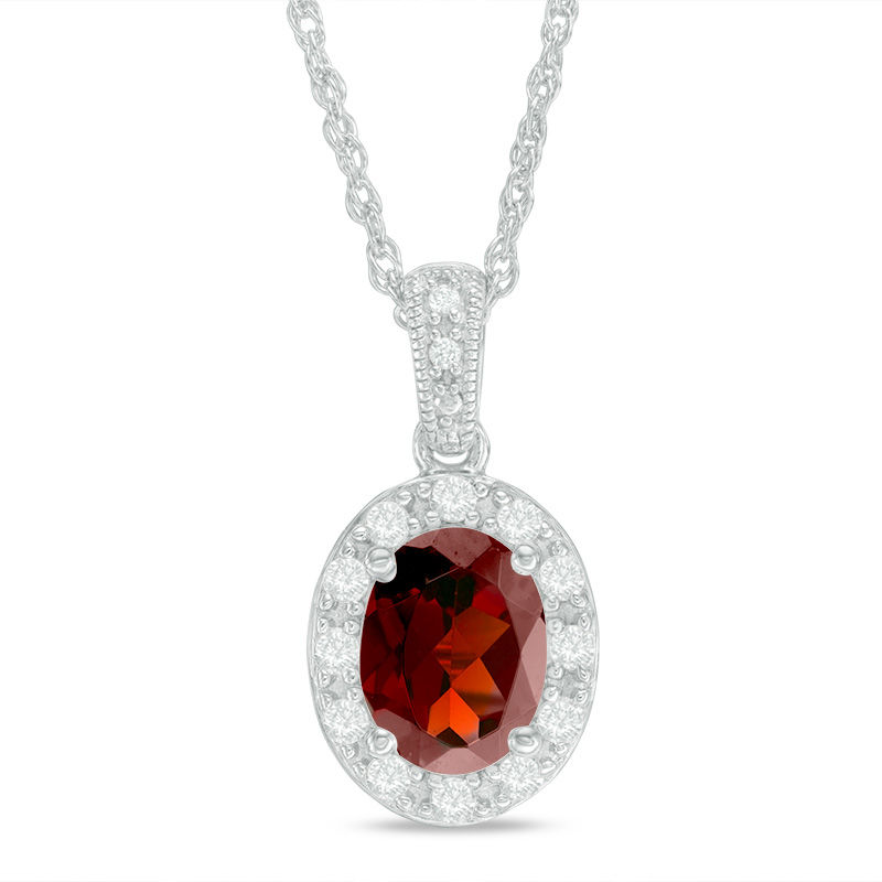 Oval Garnet and Lab-Created White Sapphire Frame Vintage-Style Pendant in Sterling Silver|Peoples Jewellers