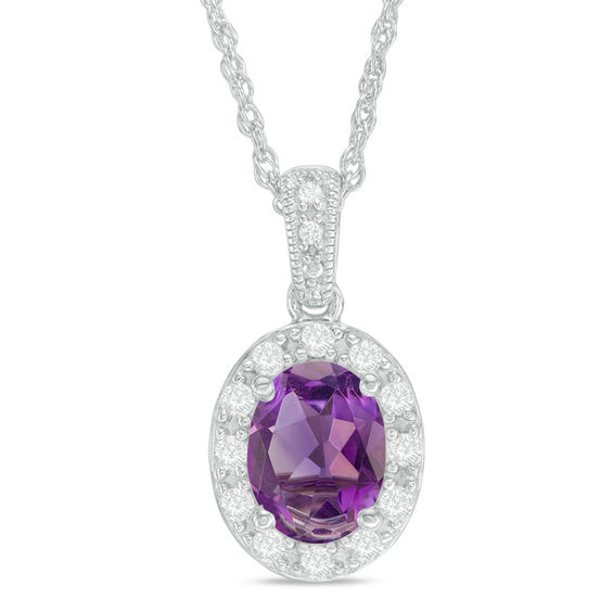 Oval Amethyst and Lab-Created White Sapphire Frame Vintage-Style Pendant in Sterling Silver