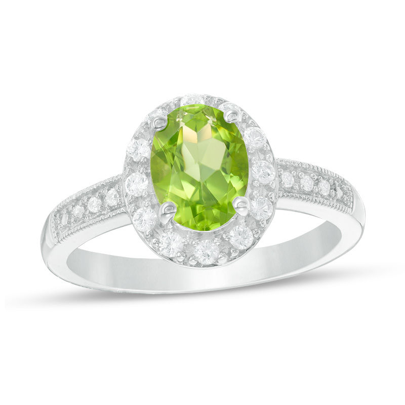 Oval Peridot and Lab-Created White Sapphire Frame Vintage-Style Ring in Sterling Silver|Peoples Jewellers