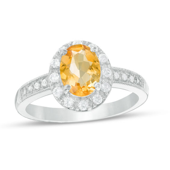 Oval Citrine and Lab-Created White Sapphire Frame Vintage-Style Ring in Sterling Silver