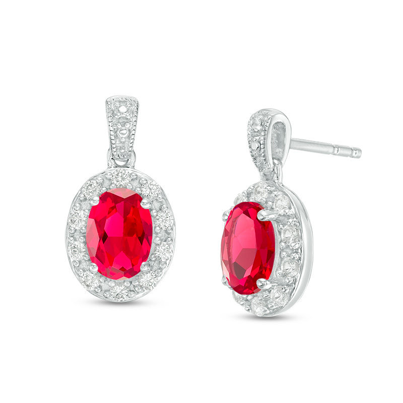 Oval Lab-Created Ruby and White Sapphire Frame Vintage-Style Drop Earrings in Sterling Silver|Peoples Jewellers