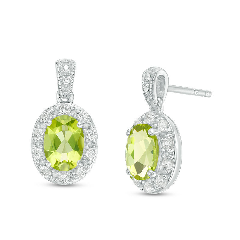 Oval Peridot and Lab-Created White Sapphire Frame Vintage-Style Drop Earrings in Sterling Silver|Peoples Jewellers