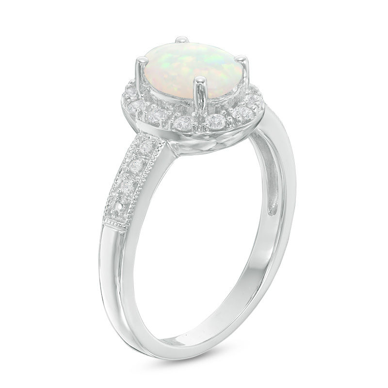 Oval Lab-Created Opal and White Sapphire Frame Vintage-Style Ring in Sterling Silver