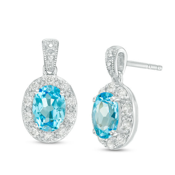 Oval Swiss Blue Topaz and Lab-Created White Sapphire Frame Vintage-Style Drop Earrings in Sterling Silver