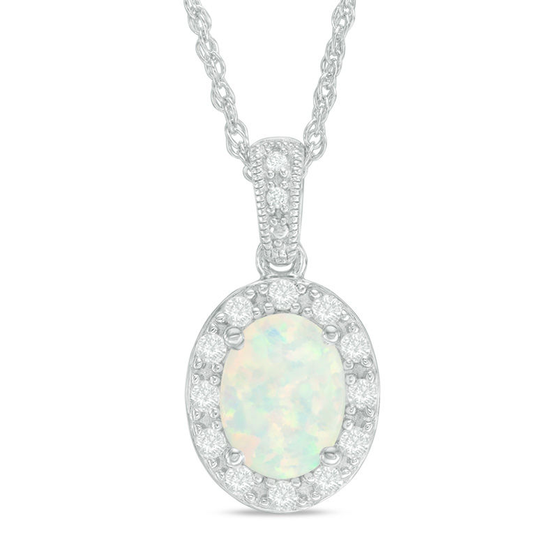 Oval Lab-Created Opal and White Sapphire Frame Vintage-Style Pendant in Sterling Silver