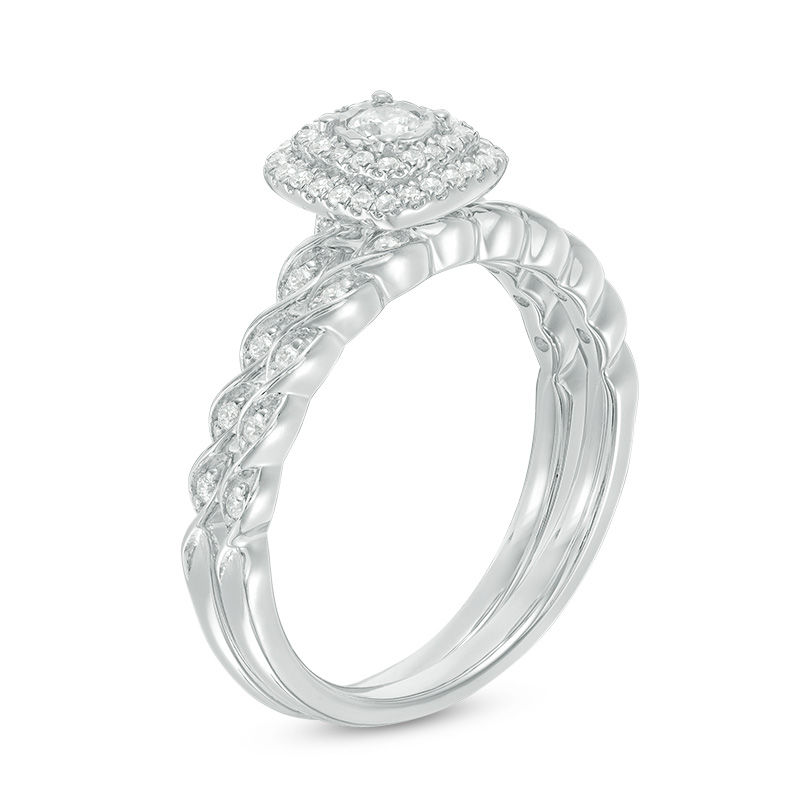 0.30 CT. T.W. Diamond Double Cushion Frame Twist Braid Bridal Set in 10K White Gold
