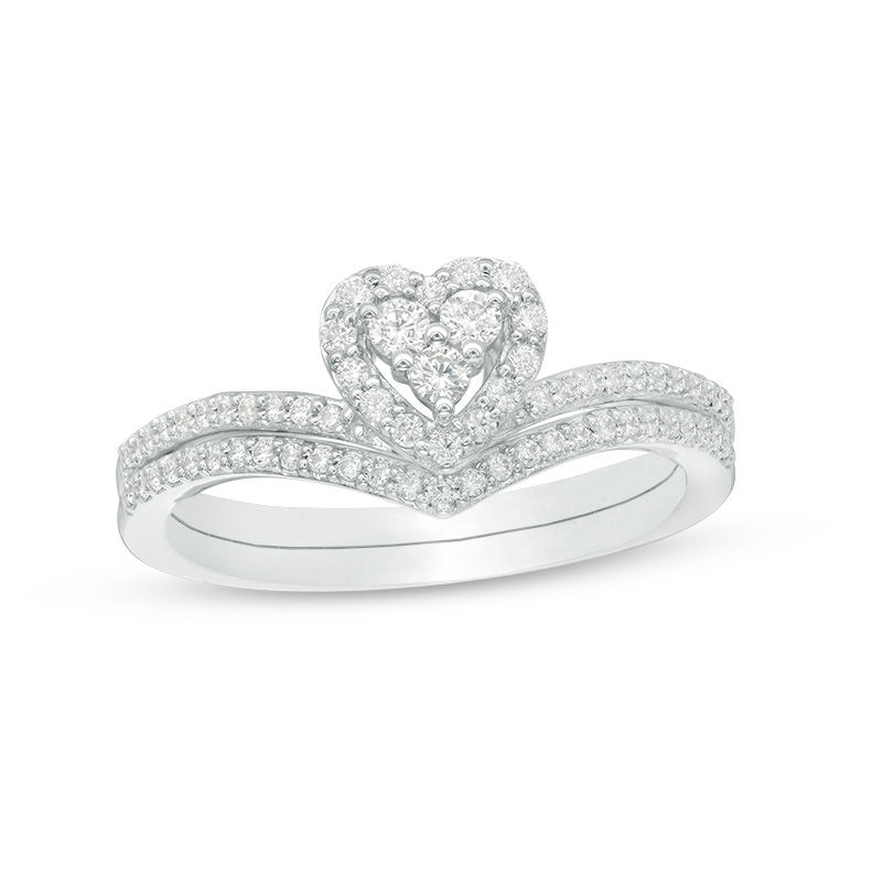 Main Image 1 of 0.38 CT. T.W. Composite Diamond Heart Frame Bridal Set in 10K White Gold