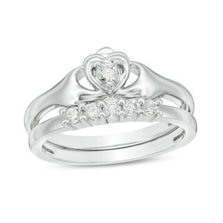 0.23 CT. T.W. Diamond Claddagh Bridal Set in 10K White Gold