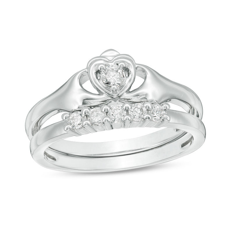 0.23 CT. T.W. Diamond Claddagh Bridal Set in 10K White Gold|Peoples Jewellers