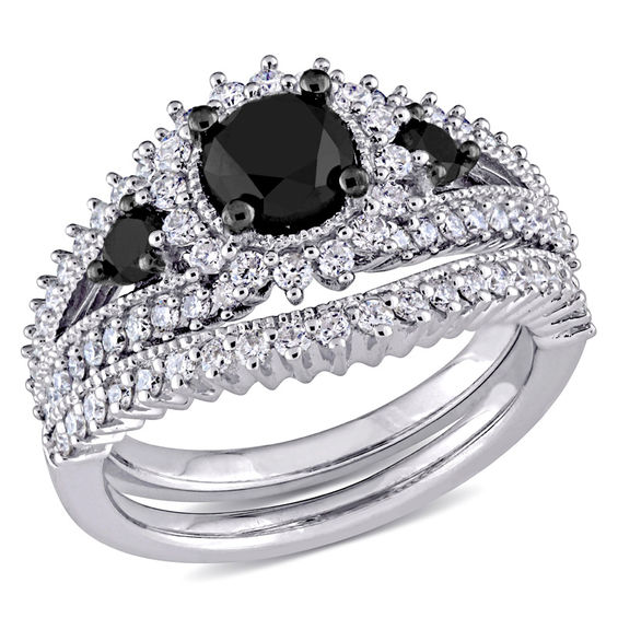 2.01 CT. T.W. Enhanced Black and White Diamond Three Stone Bridal Set in 10K White Gold