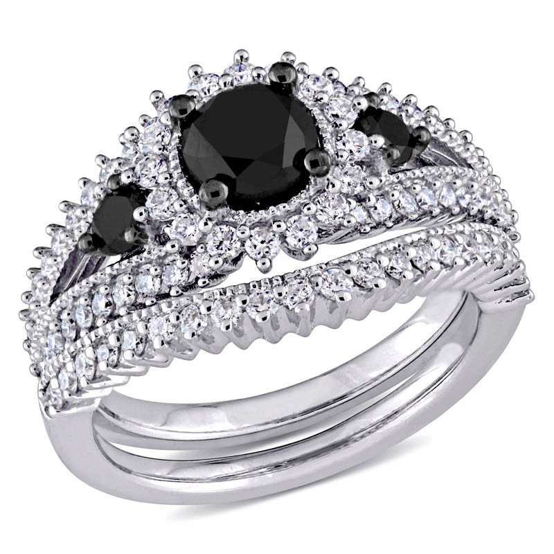 2.01 CT. T.W. Enhanced Black and White Diamond Three Stone Bridal Set in 10K White Gold|Peoples Jewellers