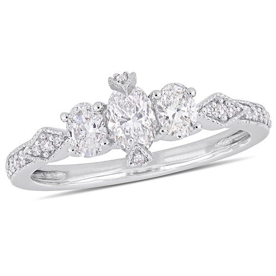 0.89 CT. T.W. Oval Diamond Three Stone Vintage-Style Engagement Ring in 14K White Gold