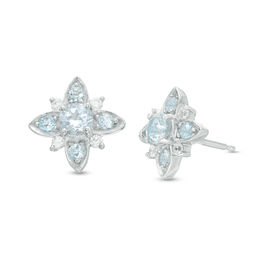 Aquamarine and 0.085 CT. T.W. Diamond Flower Stud Earrings in Sterling Silver