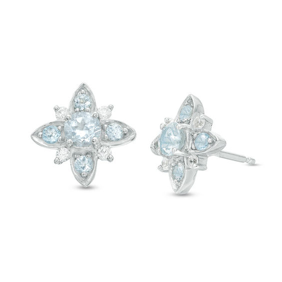 Aquamarine and 0.085 CT. T.W. Diamond Flower Stud Earrings in Sterling Silver