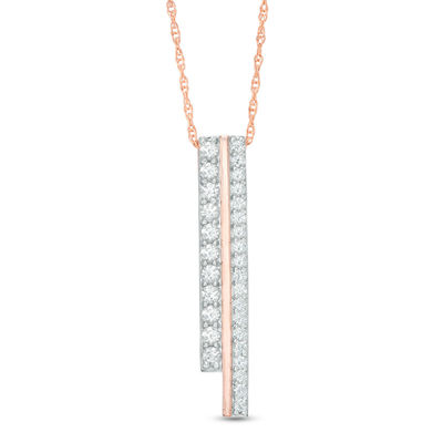 Lab-Created White Sapphire Two Row Vertical Bar Pendant in 10K Rose Gold