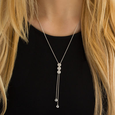 0.13 CT. T.W. Diamond Three Stone Frame Lariat-Style Bolo Necklace in Sterling Silver - 26"