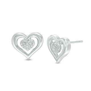 Diamond Accent Double Heart Stud Earrings in Sterling Silver