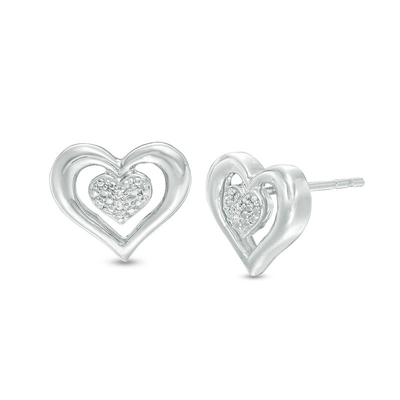Diamond Accent Double Heart Stud Earrings in Sterling Silver | Peoples ...