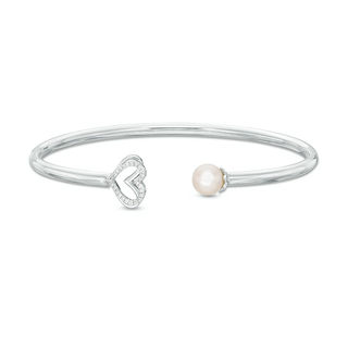 The Kindred Heart from Vera Wang Love Collection Freshwater Cultured Pearl and Diamond Bangle in Sterling Silver-7.5"