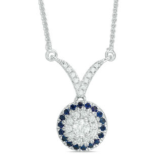 Vera Wang Love Collection 0.18 CT. T.W. Diamond and Blue Sapphire Frame Chevron Necklace in 14K White Gold - 19"