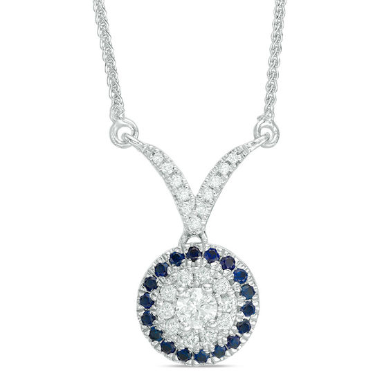 Vera Wang Love Collection 0.18 CT. T.W. Diamond and Blue Sapphire Frame Chevron Necklace in 14K White Gold - 19"