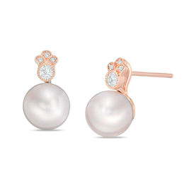 Freshwater Cultured Pearl, White Sapphire and Diamond Accent Vintage-Style Stud Earrings in 10K Rose Gold