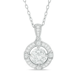 6.0mm Lab-Created White Sapphire and 0.09 CT. T.W. Diamond Vintage-Style Compass Frame Pendant in Sterling Silver