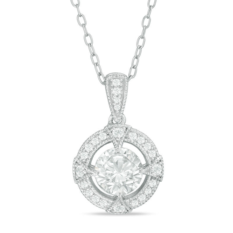 6.0mm Lab-Created White Sapphire and 0.09 CT. T.W. Diamond Vintage-Style Compass Frame Pendant in Sterling Silver|Peoples Jewellers