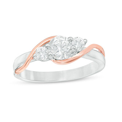 Lab-Created White Sapphire Three Stone Bypass Ring in Sterling Silver and 10K Rose Gold