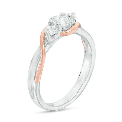 Lab-Created White Sapphire Three Stone Bypass Ring in Sterling Silver and 10K Rose Gold