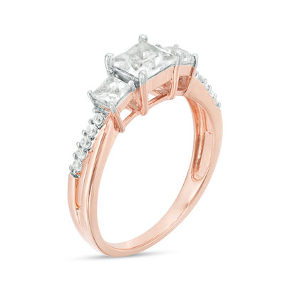 Princess-Cut Lab-Created White Sapphire Three Stone Engagement Ring in 10K Rose Gold