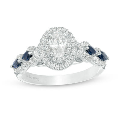 Vera Wang Love Collection 0.95 CT. T.W. Oval Diamond and Blue Sapphire Frame Engagement Ring in 14K White Gold