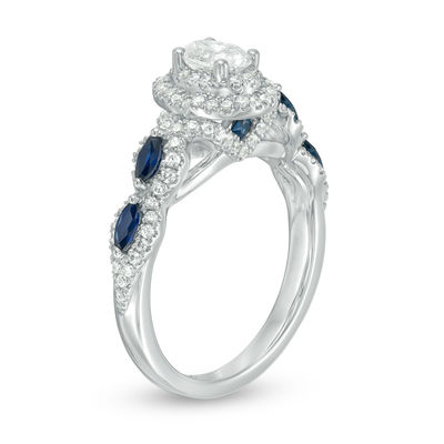 Vera Wang Love Collection 0.95 CT. T.W. Oval Diamond and Blue Sapphire Frame Engagement Ring in 14K White Gold