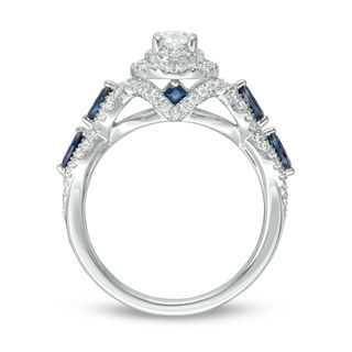 Vera Wang Love Collection 0.95 CT. T.W. Oval Diamond and Blue Sapphire Frame Engagement Ring in 14K White Gold