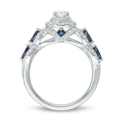 Vera Wang Love Collection 0.95 CT. T.W. Oval Diamond and Blue Sapphire Frame Engagement Ring in 14K White Gold