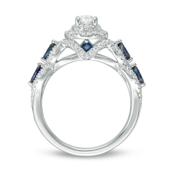 Vera Wang Love Collection 0.95 CT. T.W. Oval Diamond and Blue Sapphire Frame Engagement Ring in 14K White Gold