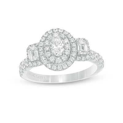 Vera Wang Love Collection 1.23 CT. T.W. Oval Diamond Three Stone Frame Engagement Ring in 14K White Gold