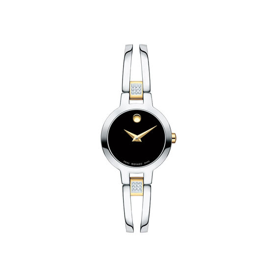 Ladies' Movado Amorosa® 0.07 CT. T.W. Diamond Two-Tone Bangle Watch with Black Dial (Model: 0607185)