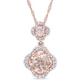 Morganite and 0.20 CT. T.W. Diamond Clover Frame Double Drop Pendant in 14K Rose Gold - 17&quot;