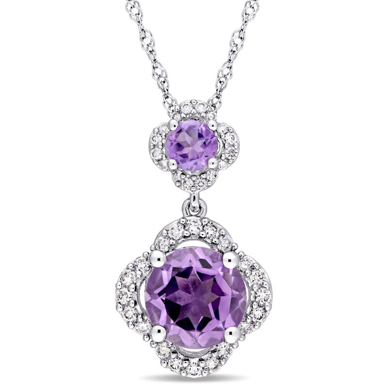 Amethyst and 0.20 CT. T.W. Diamond Clover Frame Double Drop Pendant in 14K White Gold - 17"|Peoples Jewellers