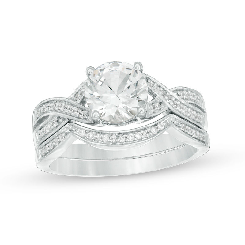 7.0mm Lab-Created White Sapphire and 0.145 CT. T.W. Diamond Twist Bridal Set in 10K White Gold|Peoples Jewellers
