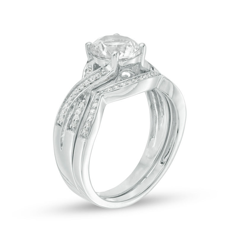 7.0mm Lab-Created White Sapphire and 0.145 CT. T.W. Diamond Twist Bridal Set in 10K White Gold|Peoples Jewellers