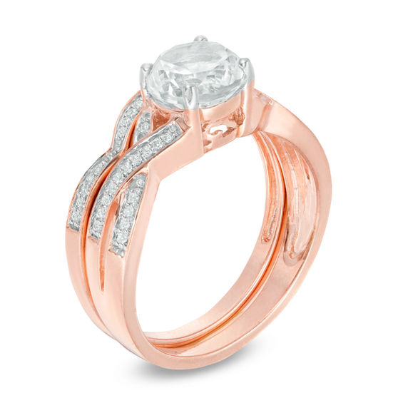 7.0mm Lab-Created White Sapphire and 0.145 CT. T.W. Diamond Twist Bridal Set in 10K Rose Gold